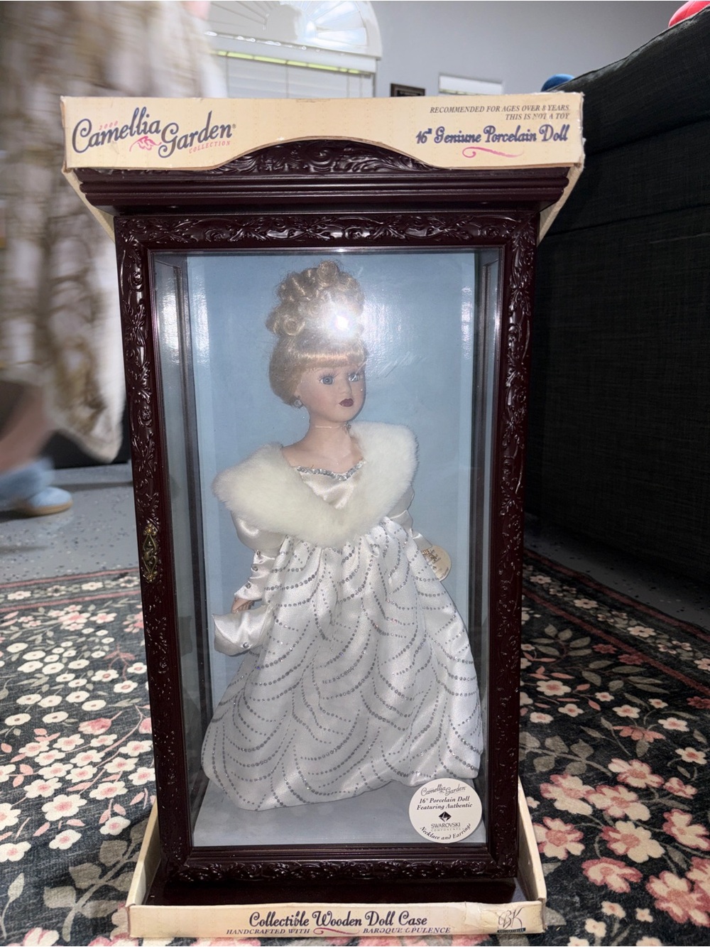 White Porcelain Doll in Decorative Wooden Display Case